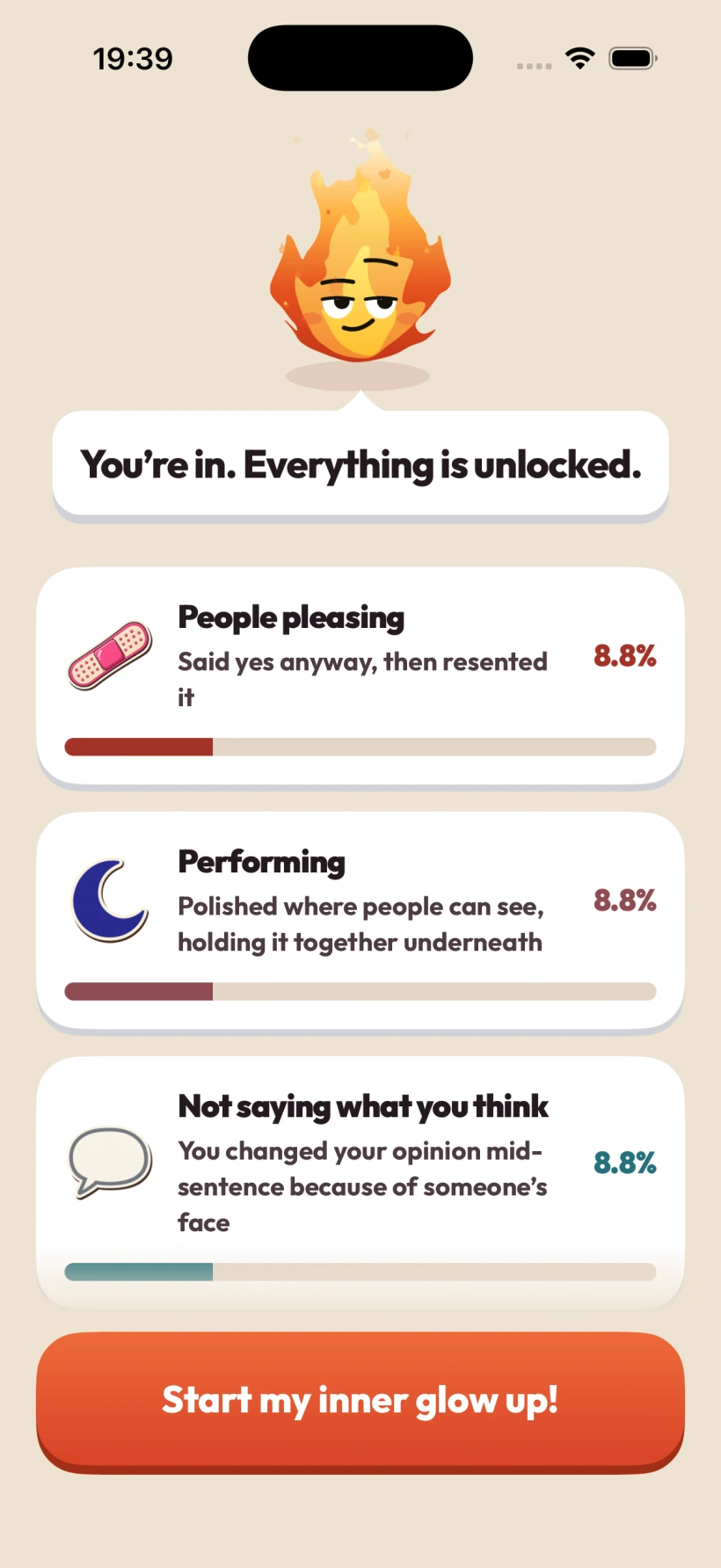 The app listing three habits unlocked, each with the line it is known by and a bar