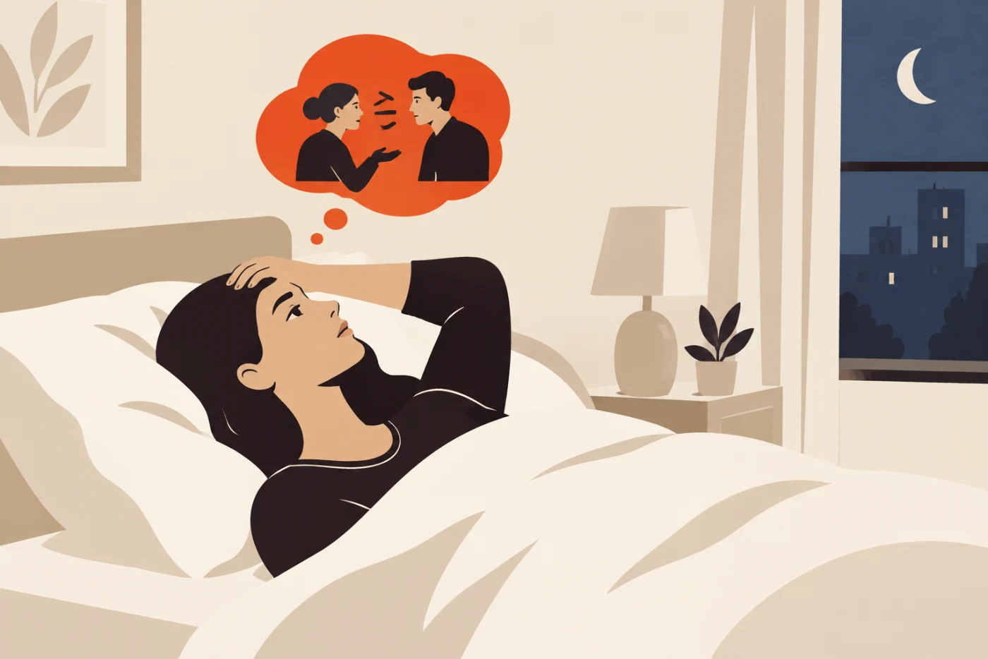 A woman lying awake in bed at night with one hand on her forehead, a thought bubble above her showing her mid-conversation with a man