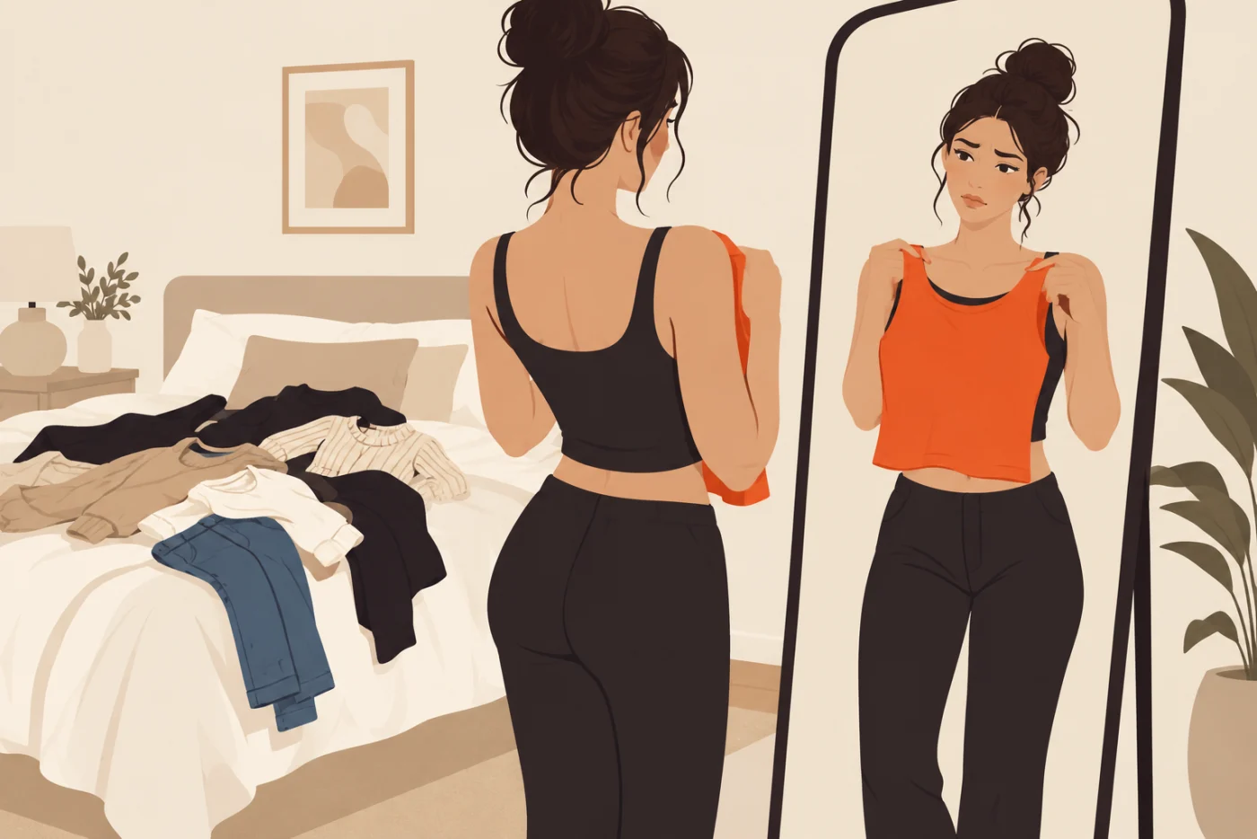 A woman at a tall mirror holding an orange top up against herself with a slight frown, outfits she already tried on piled on the bed behind her