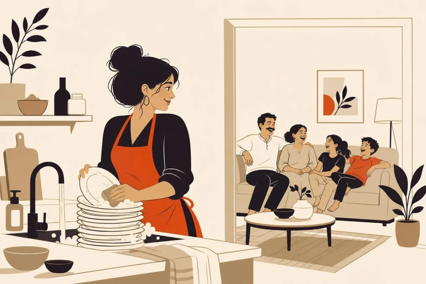 A woman washing a stack of plates at the kitchen sink after a family meal, glancing back at her parents and younger siblings laughing together on the sofa in the next room