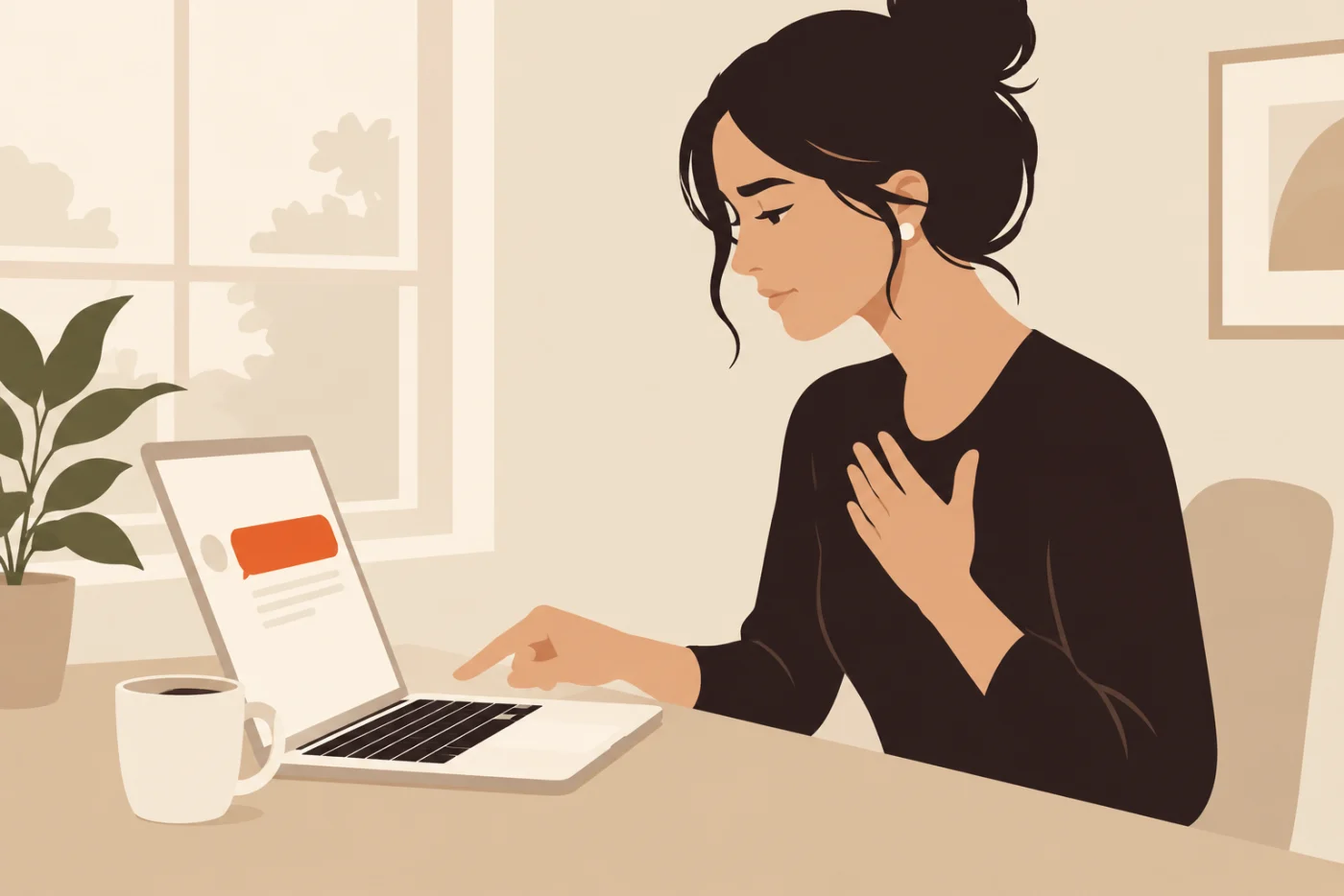 A woman at a desk by a window, one finger over her laptop key and her other hand pressed to her chest, about to send a short message