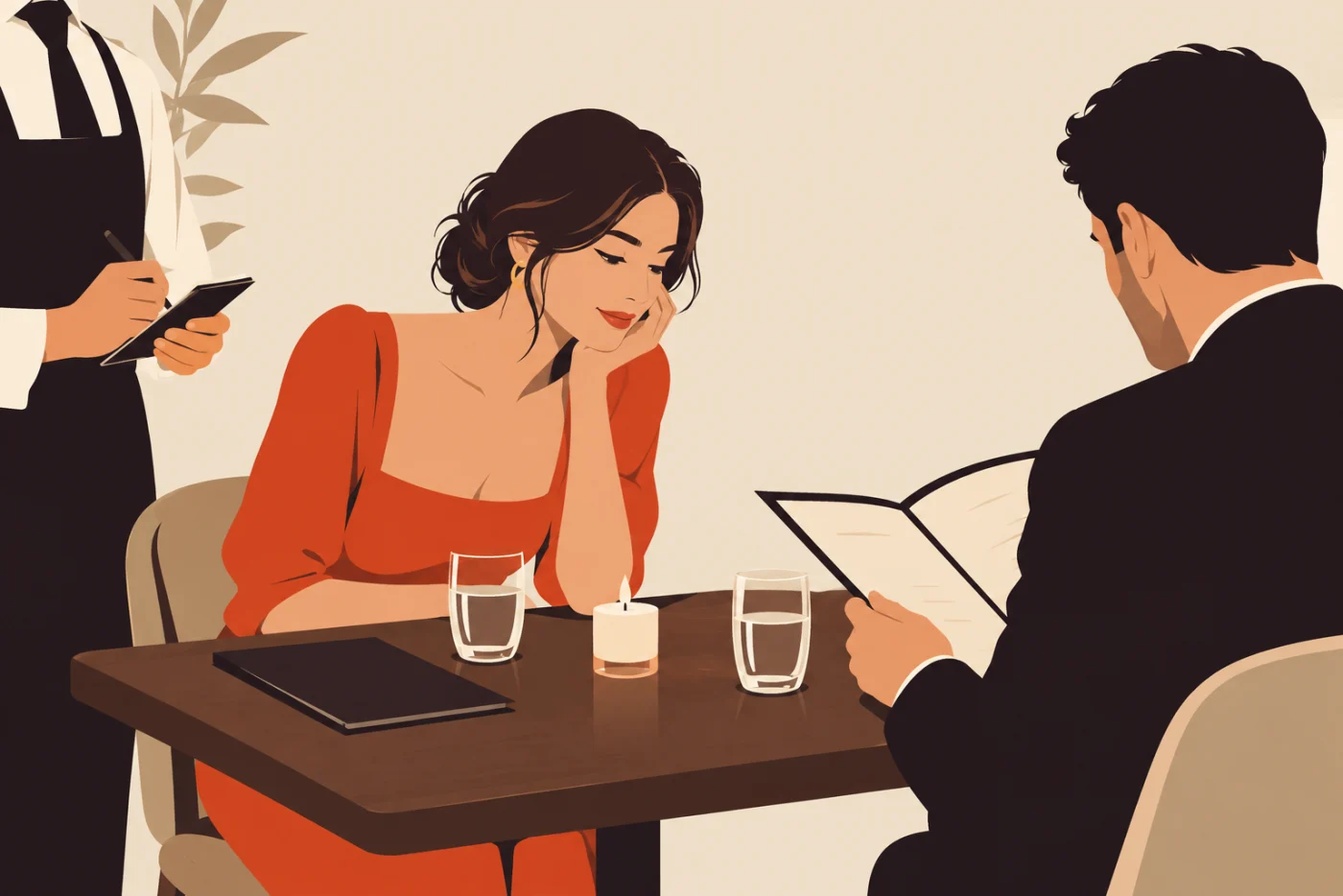 A woman at a restaurant table with her own menu closed in front of her, chin on her hand, reading the open menu of the man across from her while the waiter waits with a notepad