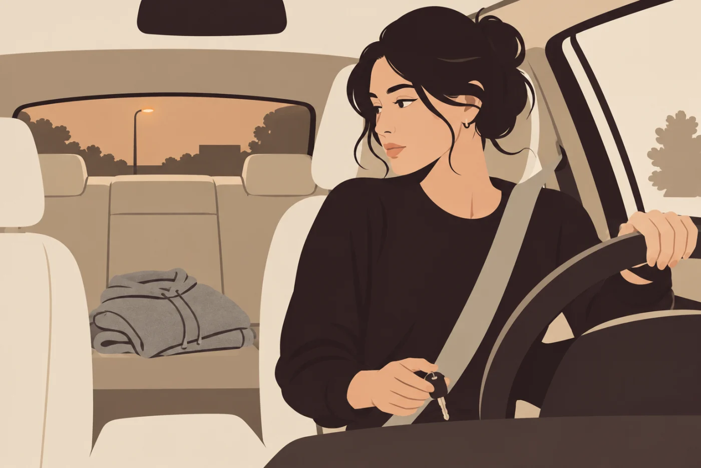 A woman in the driver's seat of a parked car at dusk, keys in her hand, looking over her shoulder at a grey hoodie folded on the back seat