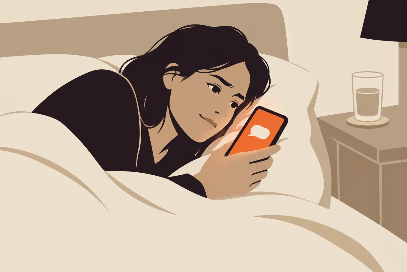 A woman lying on her side in bed at night, her face lit by the phone in her hand, one message bubble on its screen, a glass of water on the bedside table