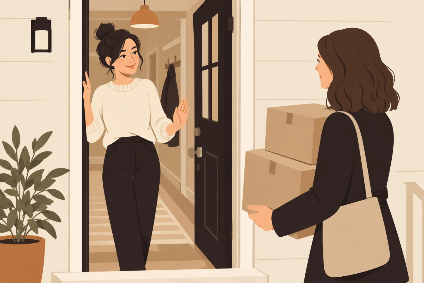 A woman in her open front doorway with a hand on the frame, smiling calmly as she declines, while a friend outside holds a stack of moving boxes