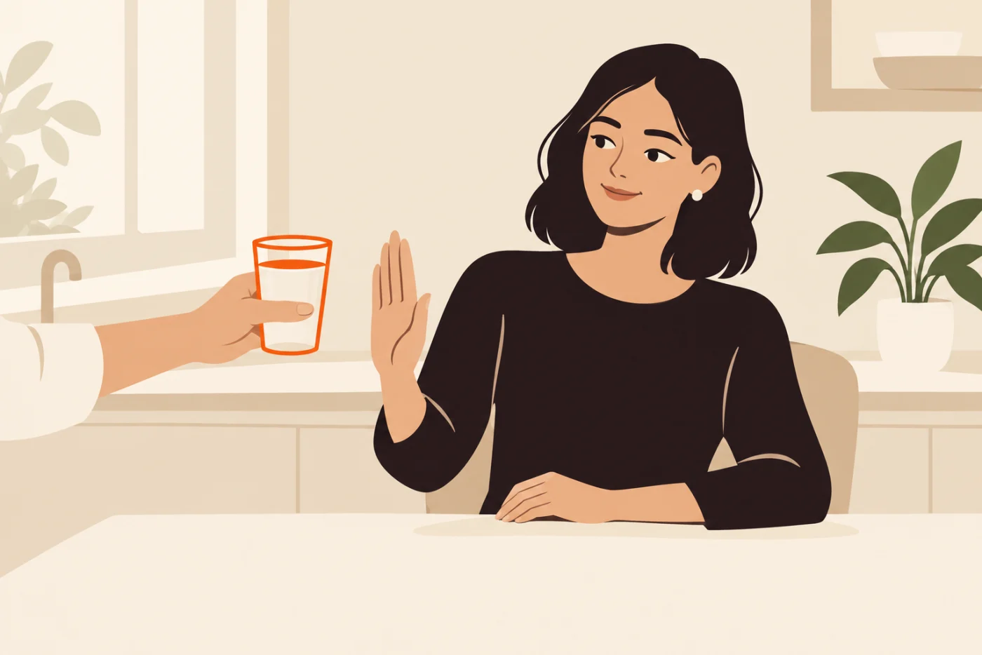 A woman at a bright kitchen table raising one hand in a small polite refusal as a glass of water is offered to her from the left, a faint smile on her face