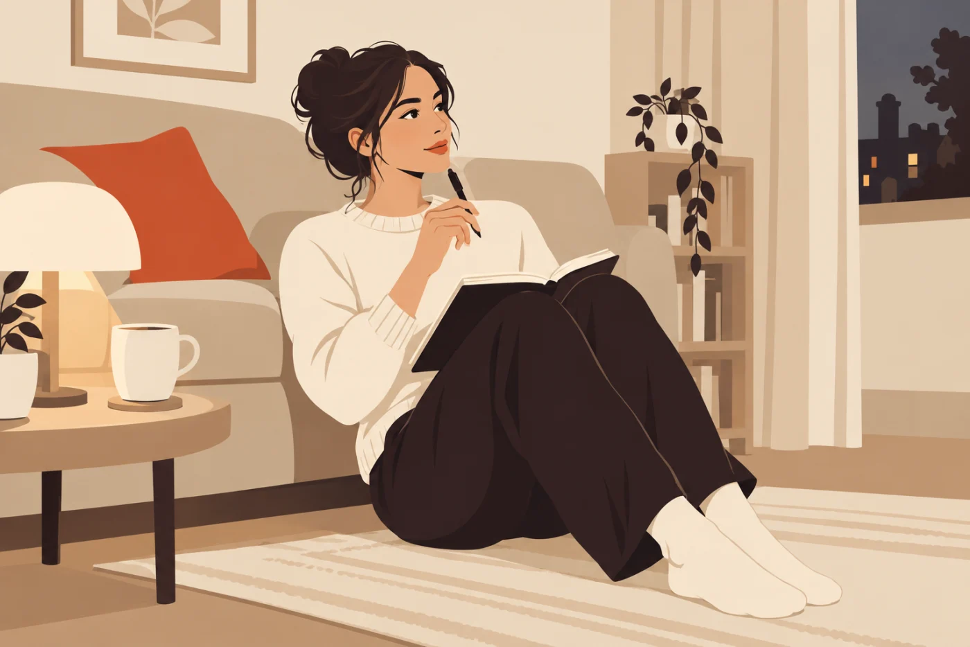 A woman sitting on the living room floor against the sofa with a notebook on her knees and a pen at her chin, looking off to one side, a lamp and a mug on the table beside her