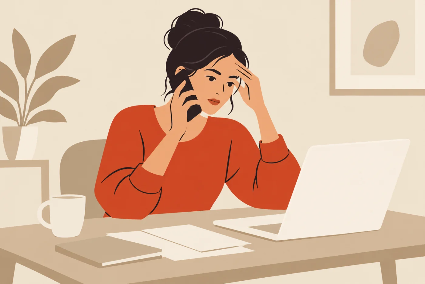 A woman at her desk with her laptop open, phone pressed to her ear and one hand on her forehead, listening while her own work waits