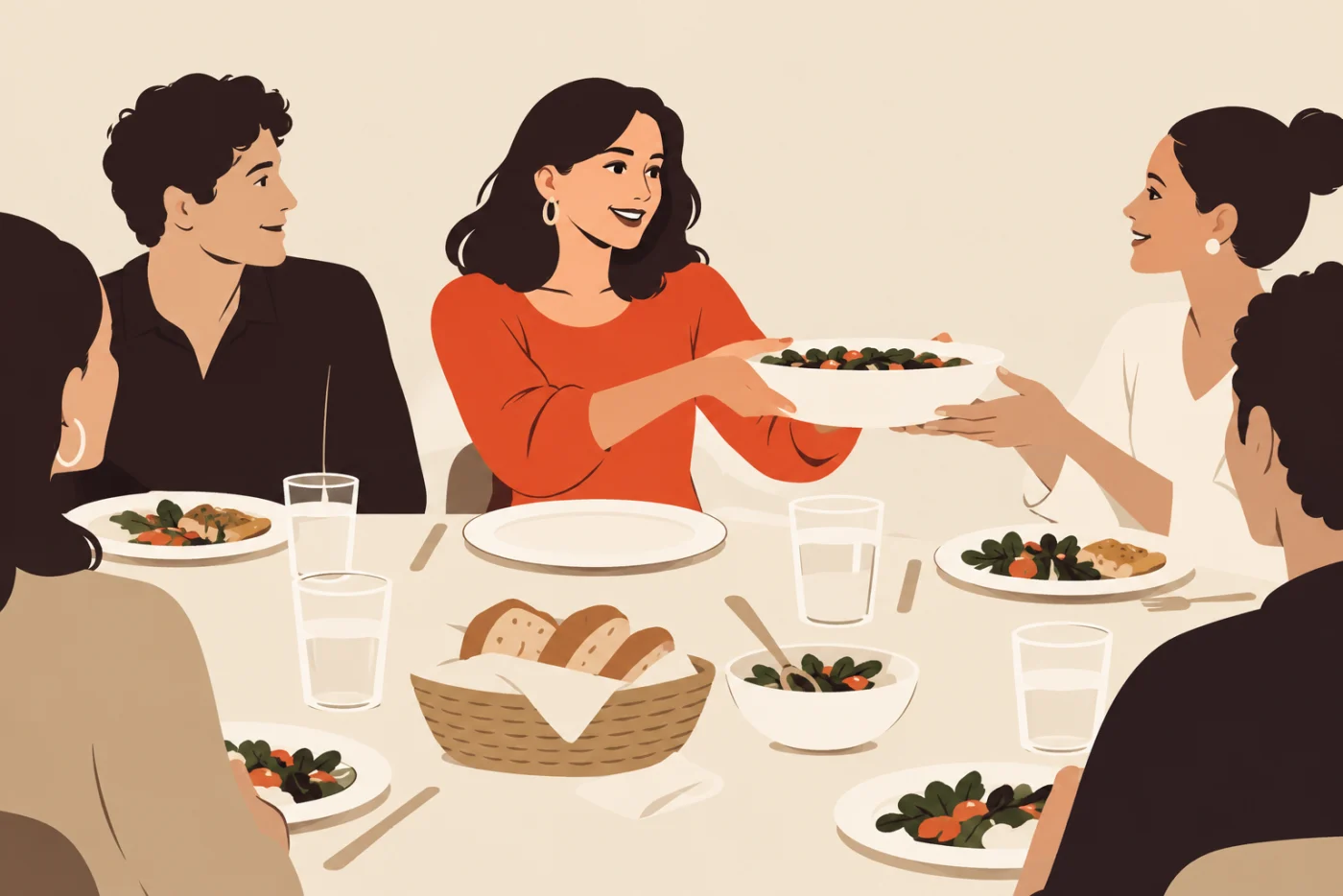 A woman at a crowded dinner table passing a serving dish to a friend, everyone else’s plate full and her own still empty