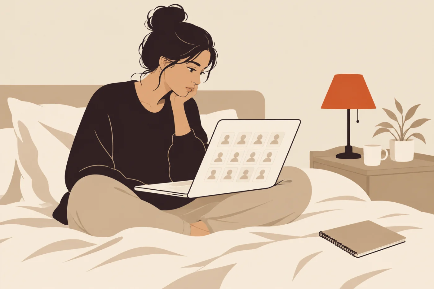 A woman sitting cross-legged on her bed with a laptop on her knees showing a grid of therapist profiles, her chin in her hand, a lamp and a mug on the bedside table