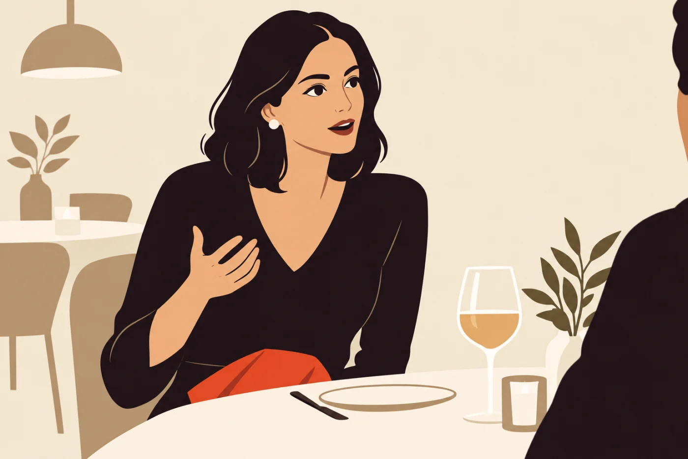 A woman at a dinner table mid-sentence, watching the face across from her