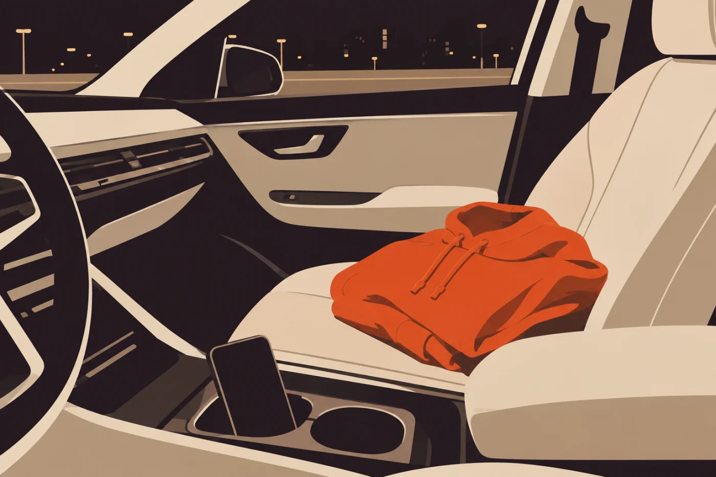 A car at night with a folded hoodie on the empty passenger seat