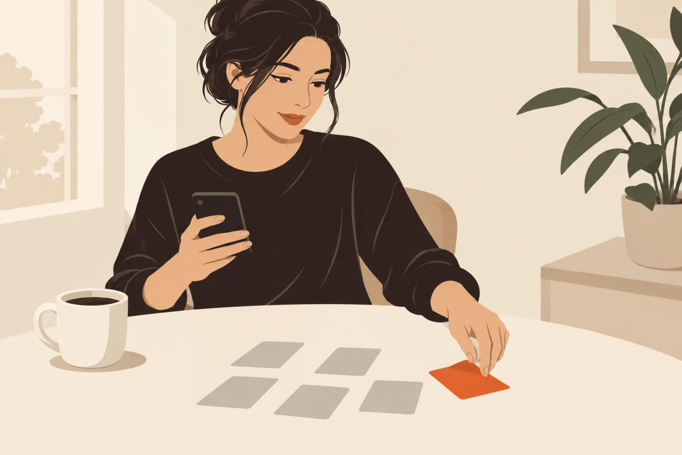 A woman at a kitchen table in the morning holding her phone, with 7 small paper cards laid out beside it, 6 grey and one orange, her hand reaching for the orange one