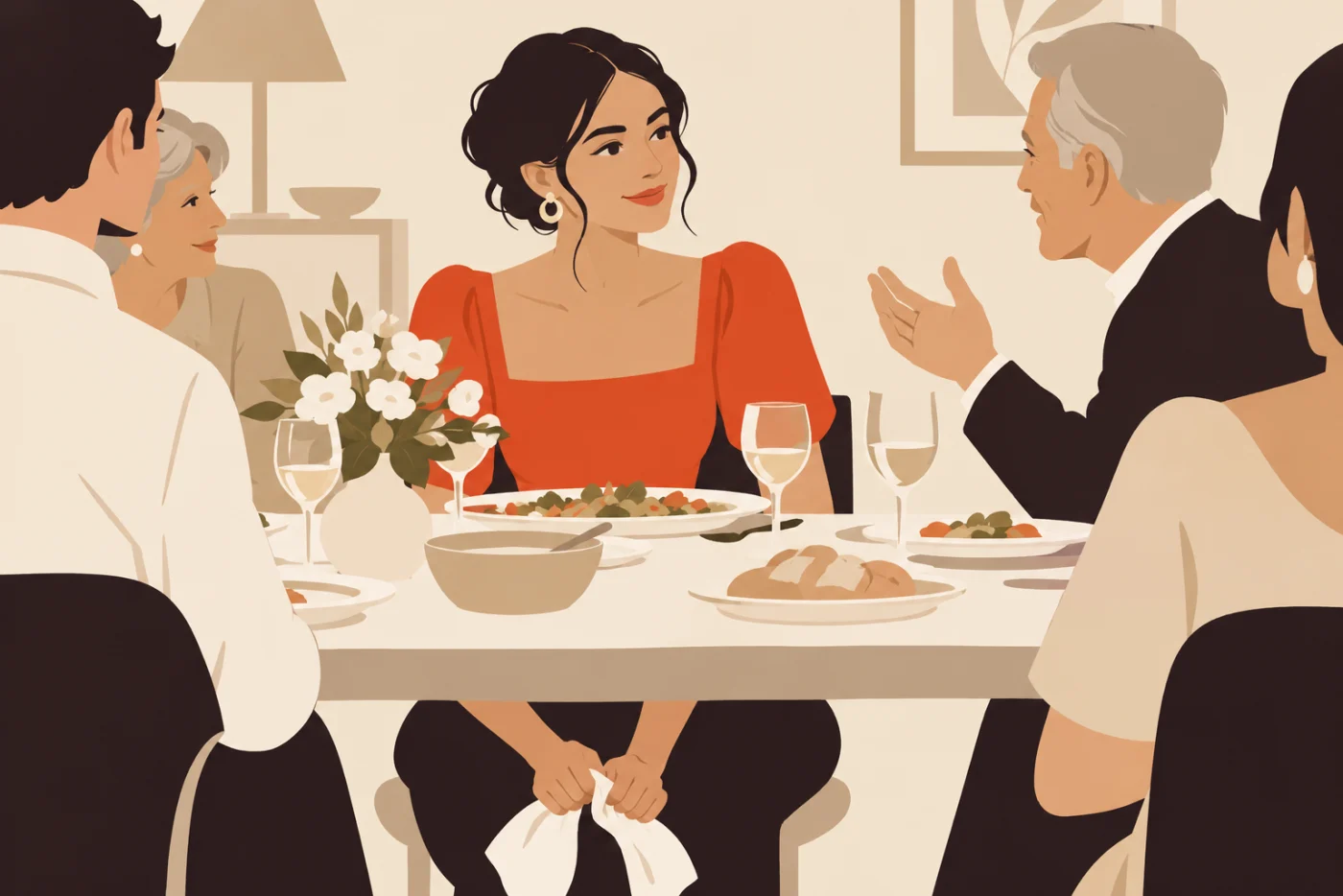 A woman at a family dinner table smiling politely at an older man talking across from her, her hands gripping a napkin in her lap under the table