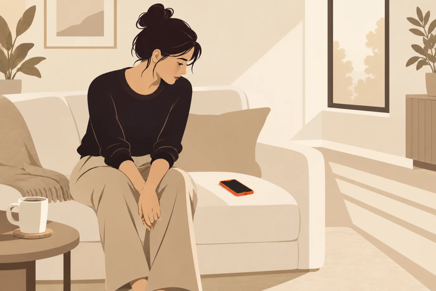 A woman on a cream sofa in late afternoon light, hands clasped between her knees, looking down at a phone lying face up on the cushion beside her, a cold mug on the side table