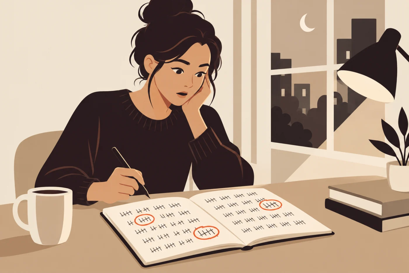 A woman at a desk by a window in the evening, a pen in her hand, looking with mild surprise at an open notebook full of tally marks and circled numbers