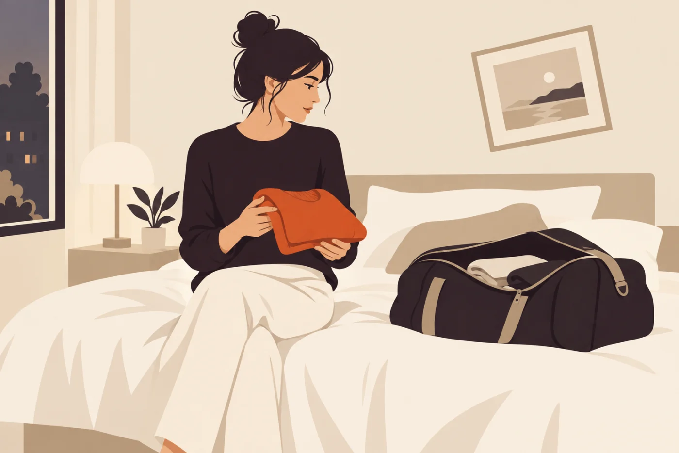 A woman sitting on the edge of a bed in the evening, holding a folded jumper over a half-open weekend bag, deciding whether to pack it