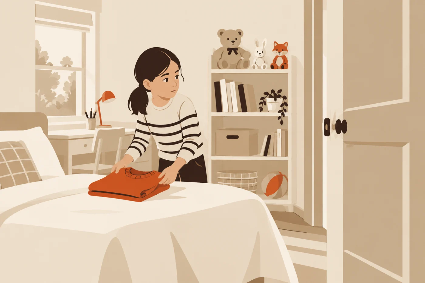A girl of about nine folding a jumper onto a neatly made bed, glancing carefully toward the half-open bedroom door