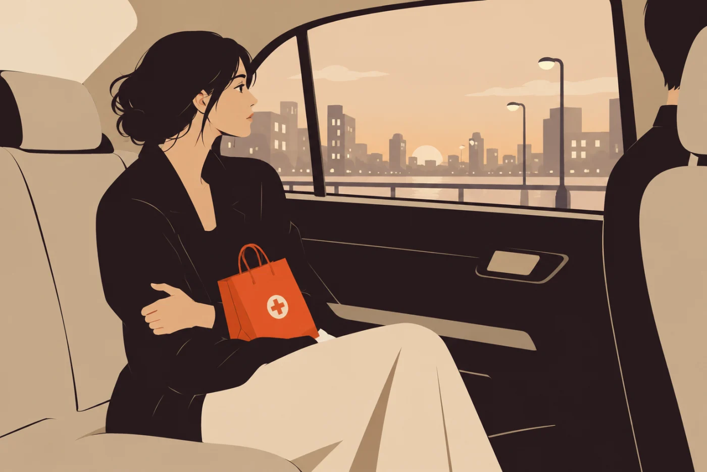 A woman in the back seat of a taxi at dusk, a small paper bag on her lap, one arm held carefully against her body, looking out of the window as the streetlights come on